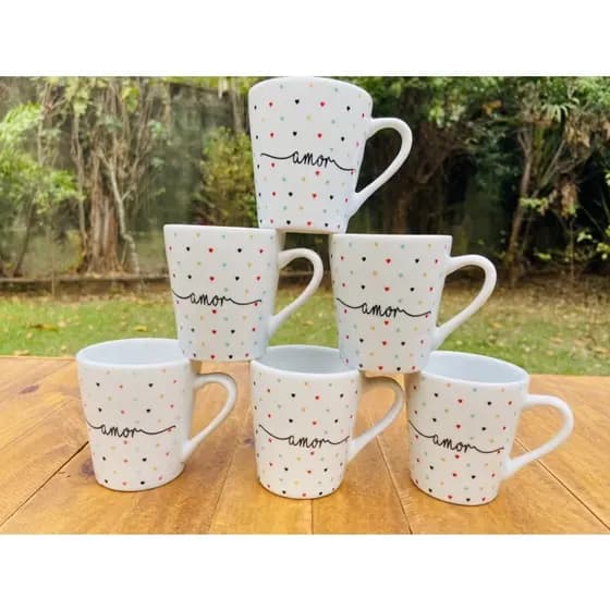 kit jogo 6 Xícaras Canecas Porcelana 120ml decoradas Amor faixa Poá