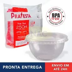 Kit 20 unid Pote Plástico Descartável Redondo Bowl 250ml com Tampa PRAFESTA