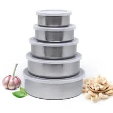 Kit Pote Inox 5 potes redondos aço inox com tampa plástica