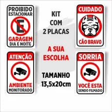 Kit 2 Placas 13,5X20 de Alerta (Proibido Estacionar, Cão Bravo, Câmeras...)