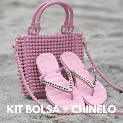 Kit Praia Gold Bolsa Mão + Chinelo Corrente Dourada Feminina Injetada Em Pvc