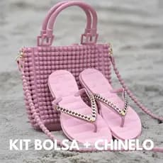 Kit Praia Gold Bolsa Mão + Chinelo Corrente Dourada Feminina Injetada Em Pvc