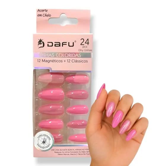 Unha Postiça Dafu 24pçs - 12 Magnética + 12 Clássicos C/Adesivo Auto Colante Almond