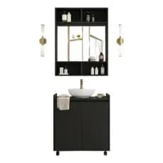 Kit Gabinete De Coluna 2 Porta Banheiro Com Armario Espelheira Nicho Preto