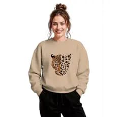 Moletom Feminino Flanelado Careca Blusa de Frio Outono Inverno Meia Estação Estampa Meia Onça Pintada