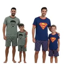 Kit 2 Pijamas Pai e Filho Curtos Verão Super Herói Hulk Super Homem Batman Capitão América