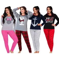 Kit 3 Pijamas Longo De Frio Feminino Longo Estampado Personagens Desenhos