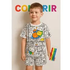 Pijama Infantil Para Colorir Unissex Menino Menina/ Conjunto Shorts e Camiseta Pinte, Lave e Pinte Novamente