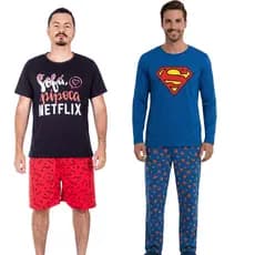 Pijama Masculino Adulto Longo Curto Meia Estação Estampado Super Heroi/ Roupa de Dormir Básico Masculino