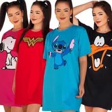 Kit 3 Camisolas Personagens Divertidos Desenho Animado Camisão Roupa de Dormir Lilo Patolino Maravilha