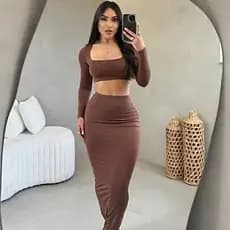 Conjunto Cropped Manga Longa Saia Midi Tubinho Sensual