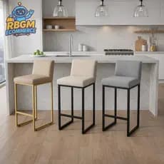 Kit 2 Banqueta Alta Moderna Area Gourmet Cozinha Ferro Dourado Estofado Macio Linho Bege