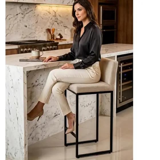 Banqueta Alta Moderna Area Gourmet Cozinha Ferro Dourado Estofado Macio Linho Bege