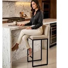 Banqueta Alta Moderna Area Gourmet Cozinha Ferro Dourado Estofado Macio Linho Bege