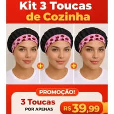 Touca de cozinha kit com 3   100% algodão com telinha respirável confeitaria padaria restaurante