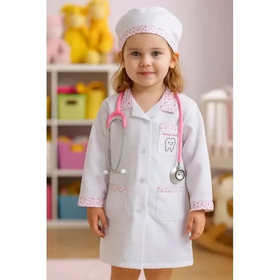 Jaleco infantil com touca, mascara e opcional estetoscopio de verdade.