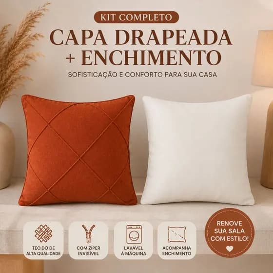 Kit 2 Capas De Almofada Drapeada + Enchimento Lavável Antialérgico Tecido Suede Zíper Invisível