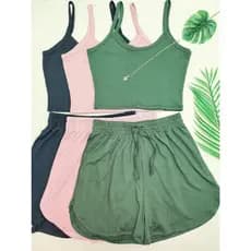 KIT3 Conjuntos Top De Alcinha básico Regata+Short Curto Malha Canelada Várias Cores