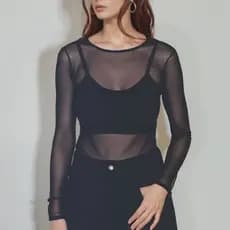 Gola redonda blusa de Tule manga longa Malha Transparent Sem Sutiã preta branca Marrom