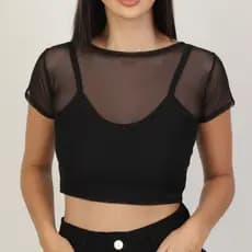 2 peças TOP alcinha preta + Cropped de Tule Preto Transparência