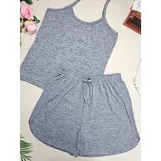 Conjunto Feminino plus size G1 Simples e Casual de Regata Alça Fina e Short Curto  Malha Canelada