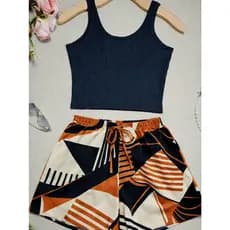 conjuntos Cropped Top Simples básico Regata+Short Curto estampado
