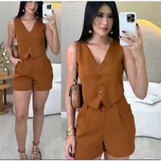 Conjunto Alfaiataria Short e Colete Feminino Elegante e Versátil Moda Blogueira