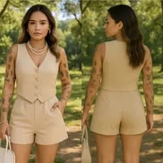 CONJUNTO EM ALFAITARIA COLETE E SHORT MODA ELEGANTE E CASUAL
