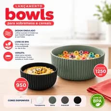 Cumbucas/Bowl FLOW  HELSIM 950ml e 1250ml, Livre de BPA e Seguro para Microondas.