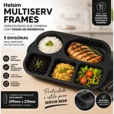 Bandeja Divisória 5 Compartimentos Helsim Preta Refeição Completa Petisqueira BPA Free Multiuso.