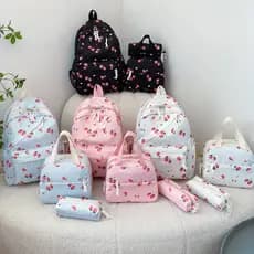 Conjunto de 3 mochilas escolares estilo colegial, nylon resistente à água, estampa de morango