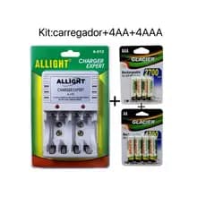 Kit Carregador De Pilha + 8 Pilhas  Recarregáveis（4pçAA+4pçAAA)