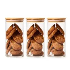 Kit 3 Potes De Vidro Mantimentos 950ml Com Tampa De Bambu