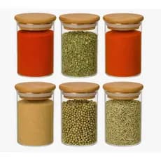 Kit 6 Potes Para Tempero Vidro 250ml Hermético Tampa de Bambu Transparente
