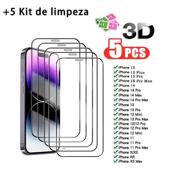 Kit 5 Película De Vidro Temperado 9H Para iPhone X Xs Xr 11 Pro Max 12 13 14 15 Pro Max