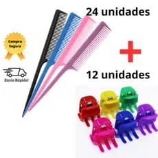 Kit Pente de Cabelo Plástico Cabo Fino com 24 Unidades e Piranhas Médias Prendedor de Cabelo com 12 unidades