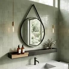 Espelho Adnet 40cm Sala Quarto Banheiro Suporte e Pendurador Alça Couro