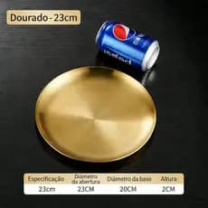 Bandeja Redonda Dourada 23cm Aço Inoxidável - Antiaderente, Durável, Ideal para Buffets e Eventos