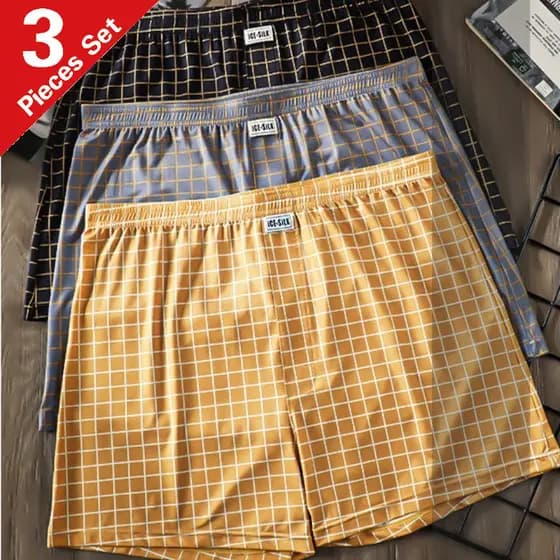 3 pçs-Casual impresso gelo seda masculina roupa interior fina atacado meados de cintura masculina tamanho grande solto r
