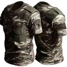 Camiseta Masculina De Verão De Algodão Retrô Camuflada Tamanho Grande De Manga Curta Ao Ar Livre Com Vários Bolsos