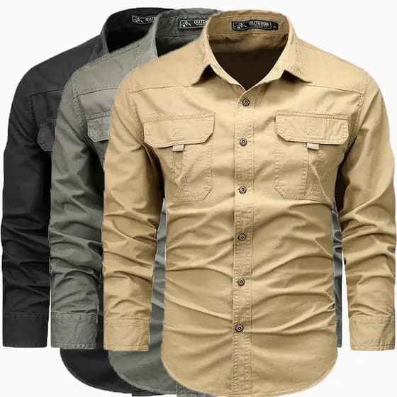 Camisa Masculina Casual Solta Cargo Manga Comprida Caminhada Com Vários Bolsos Cor Sólida Plus size