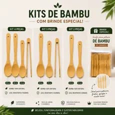 Conjunto colher de Pau Bambu Kit com Pegador de Madeira Bambu