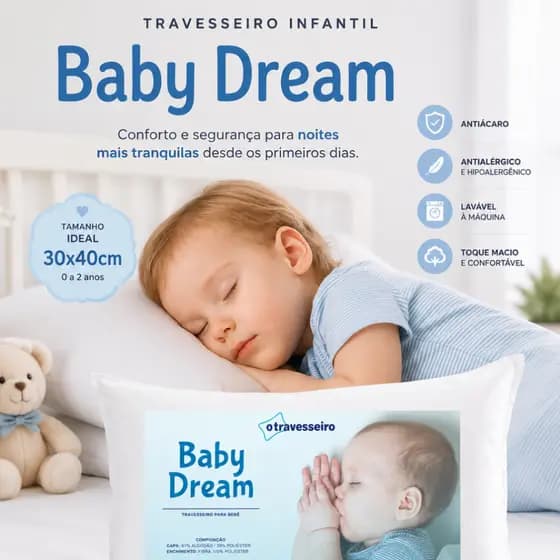 Travesseiro Bebê Antialergico 30x40  Para bebe de 0 á 2 anos Hipoalergênico Branco  Lavável á Maquina - Baby Dream