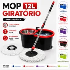 Mop Giratório 360 Balde 12L Refil Microfibra Cabo e Cesto Inox Giratorio Rodinhas