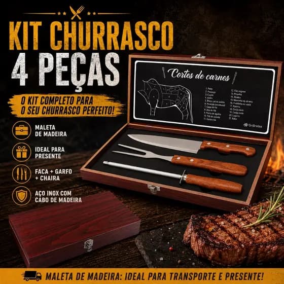 Kit Churrasco Inox Elegante 4 Peças Estojo E Cabo Madeira