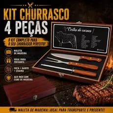 Kit Churrasco Inox Elegante 4 Peças Estojo E Cabo Madeira