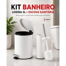 Kit Banheiro Lixeira 3 Litros Branca Pedal Balde Removivel + Escova Sanitaria Banheiro Inox Suporte