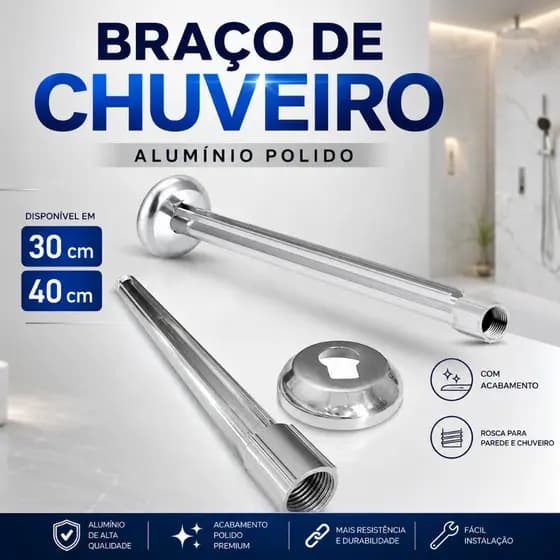 Braço Haste Cano Extensor De Chuveiro Alumínio Polido 30cm 40cm Com Canopla e Rosca