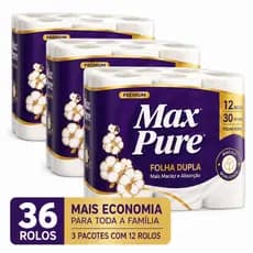 Papel Higiênico Max Pure Folha Dupla 30m Macio 12 Rolos / 24 Rolos / 36 Rolos Econômico Atacado