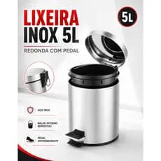 Lixeira Inox 5 Litros Cesto Removivel Pedal Reforçado para Cozinha Banheiro Quarto